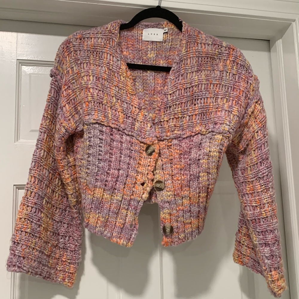 Pretty pink multi color 3 button cardigan sweater